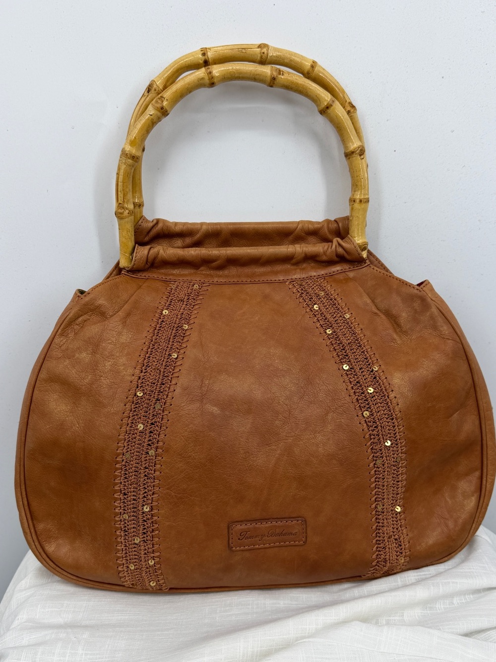 Tommy Bahama Brown Leather Sequin Bamboo Handle Purse Hobo Bag
